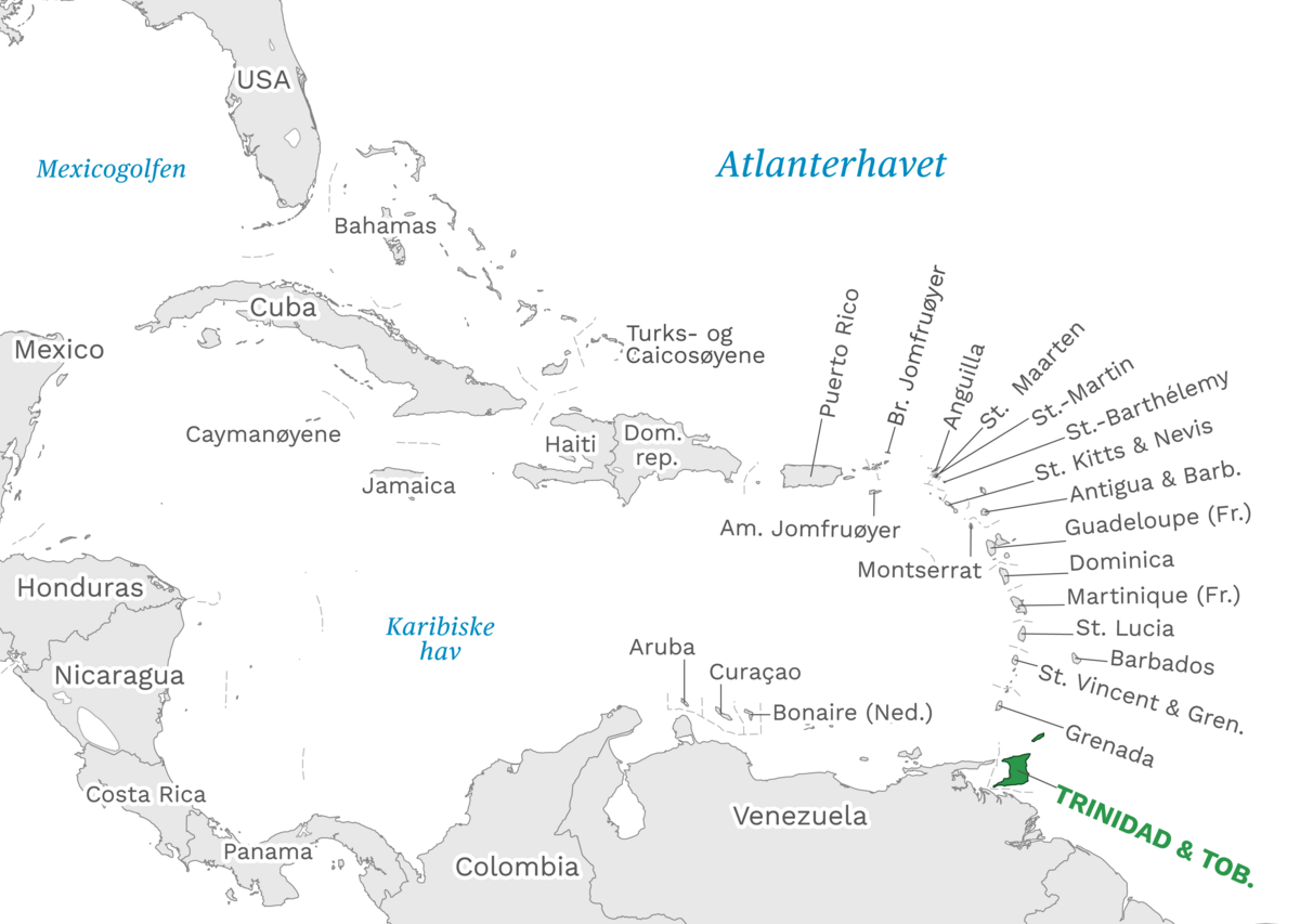 Plassering av Trinidad og Tobago med naboland rundt, kart.