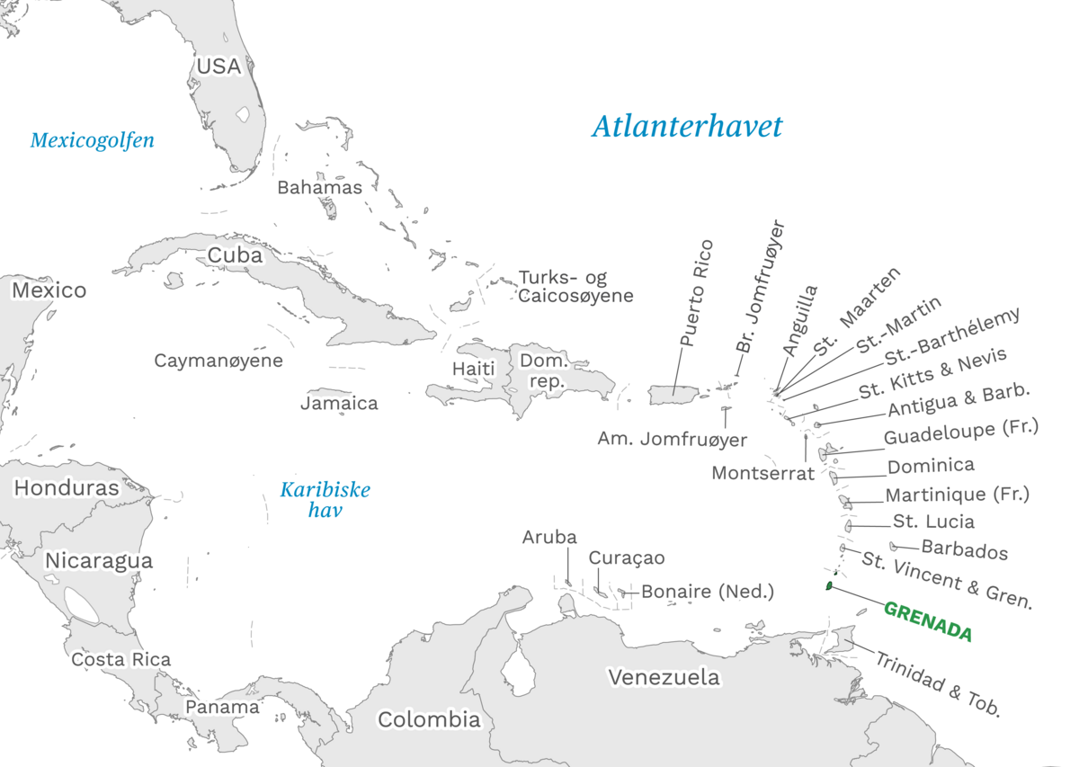 Plassering av Grenada med naboland rundt, kart.