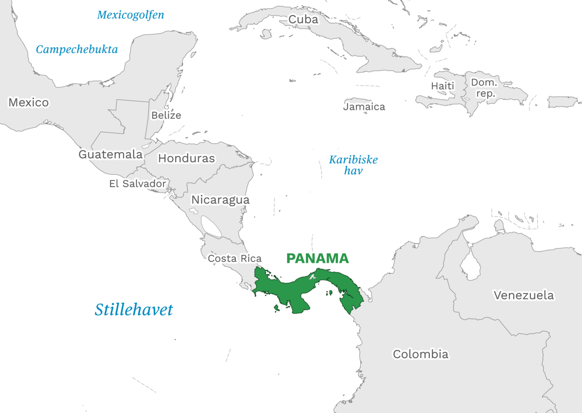 Plassering av Panama med naboland rundt, kart.