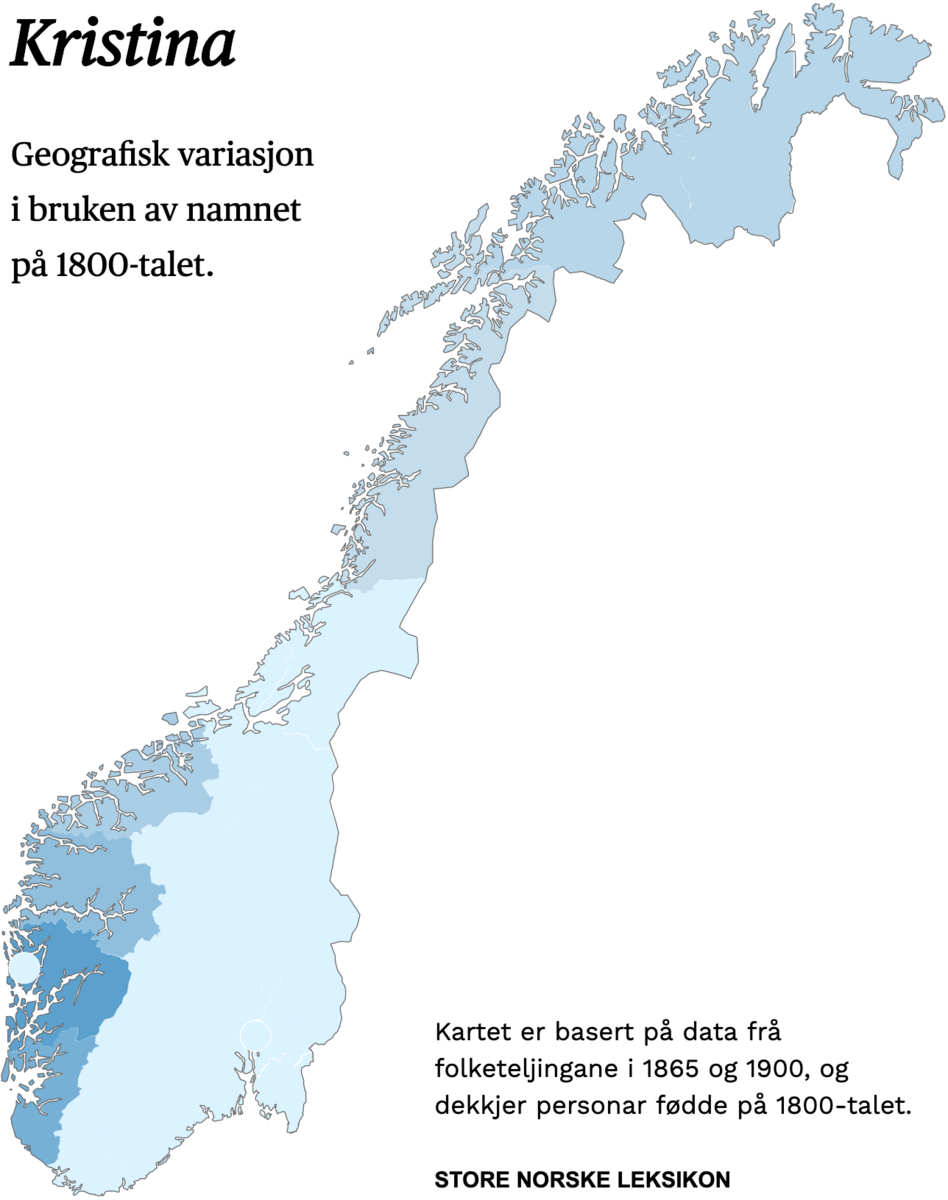 Geografisk variasjon i bruk av namnet Kristina på 1800-talet.