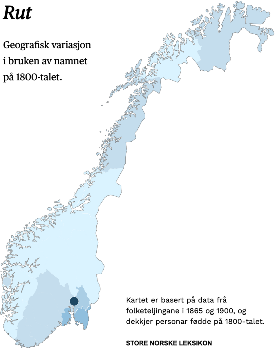 Geografisk variasjon i bruk av namnet Rut på 1800-talet.