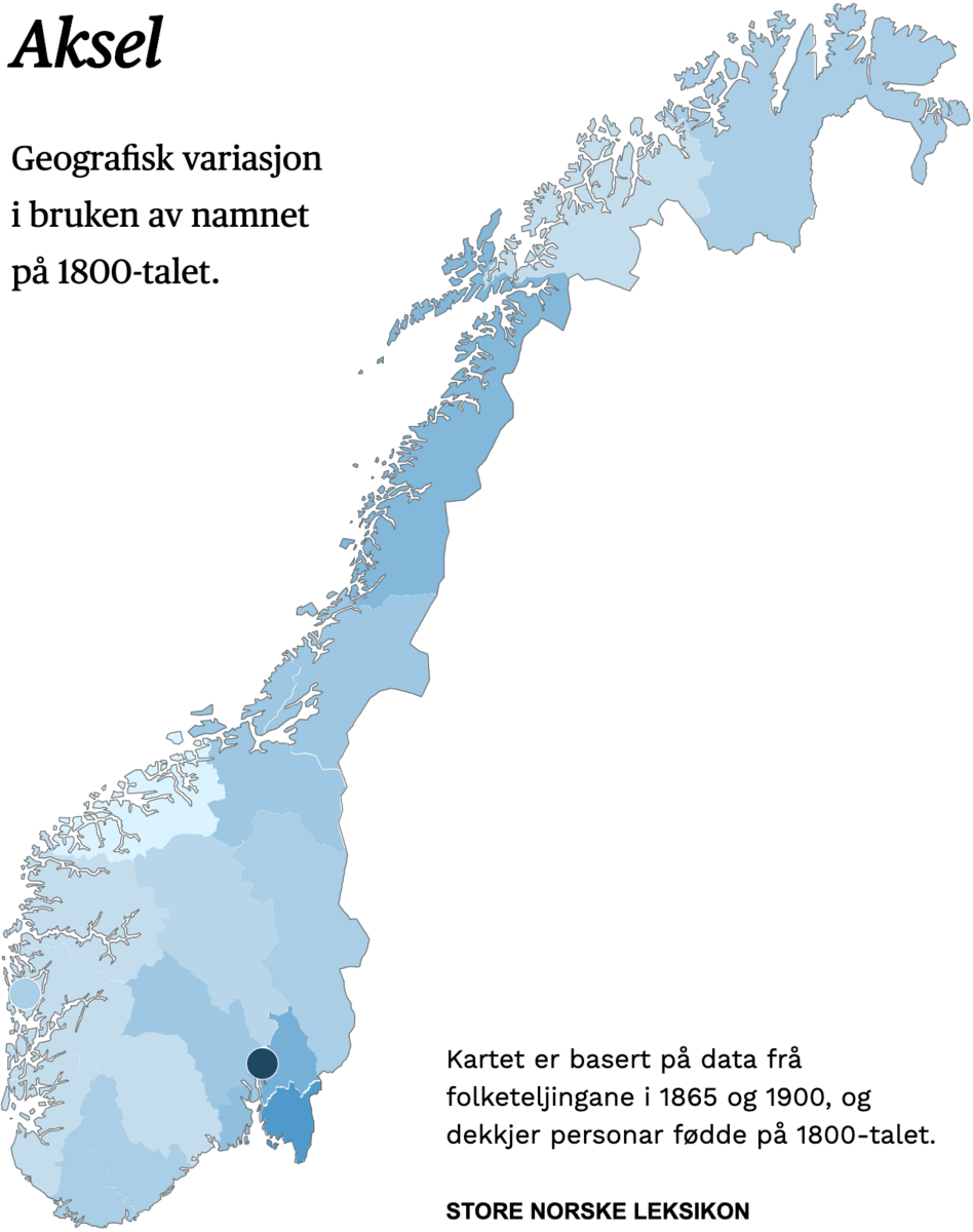 Geografisk variasjon i bruk av namnet Aksel på 1800-talet.