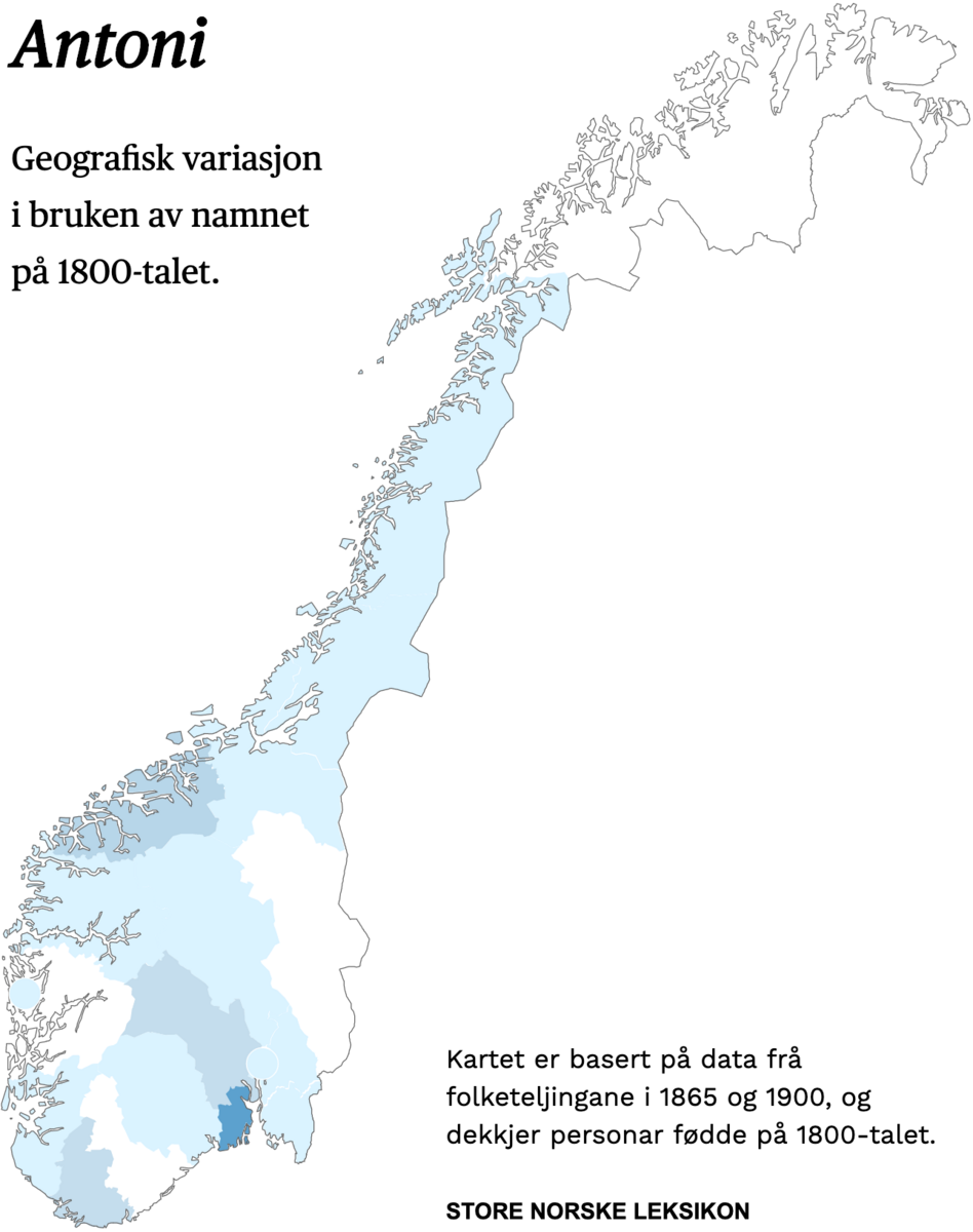 Geografisk variasjon i bruk av namnet Antoni på 1800-talet.