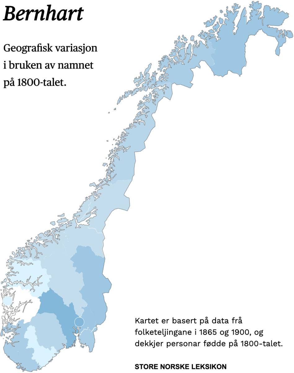 Geografisk variasjon i bruk av namnet Bernhart på 1800-talet.