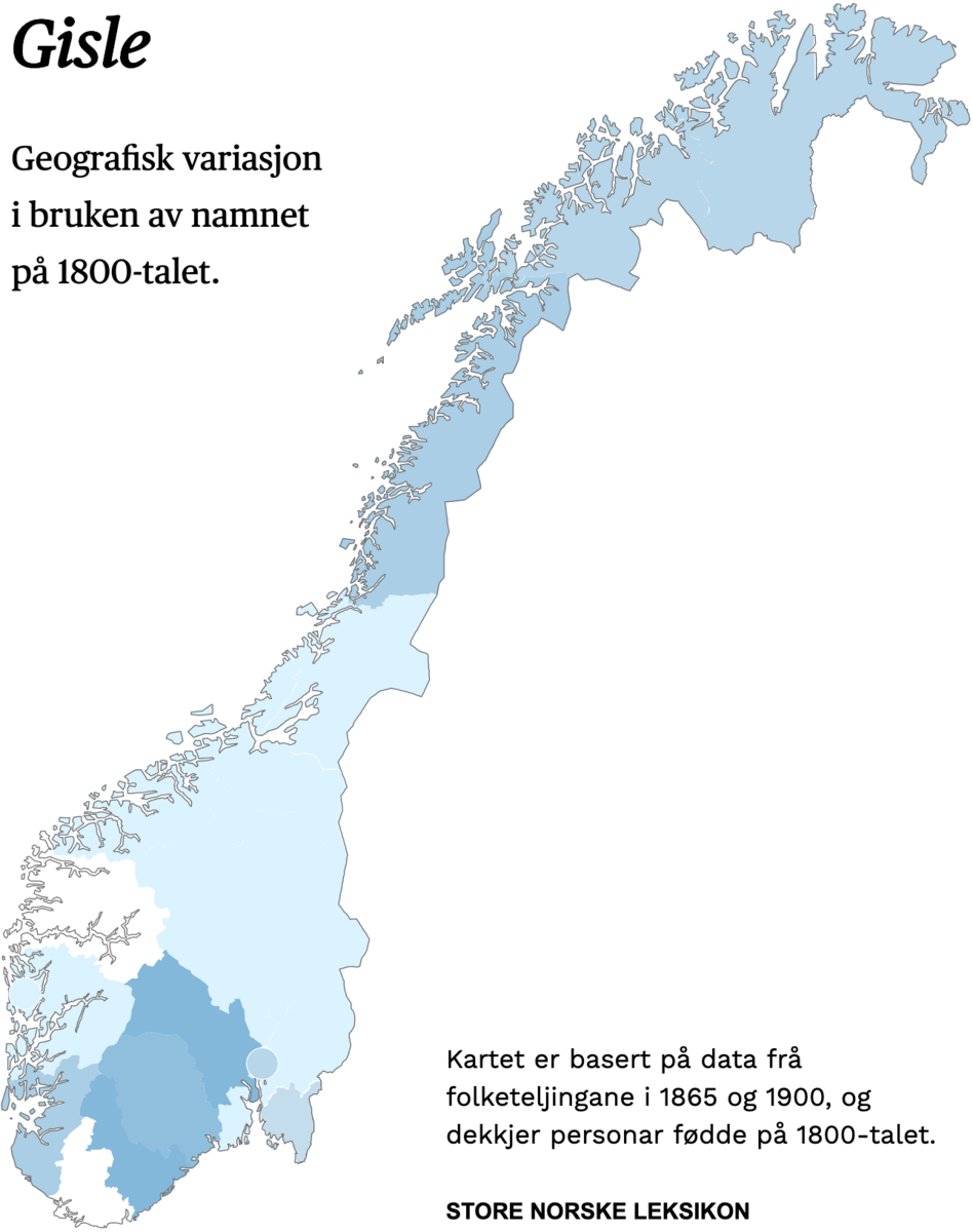 Geografisk variasjon i bruk av namnet Gisle på 1800-talet.