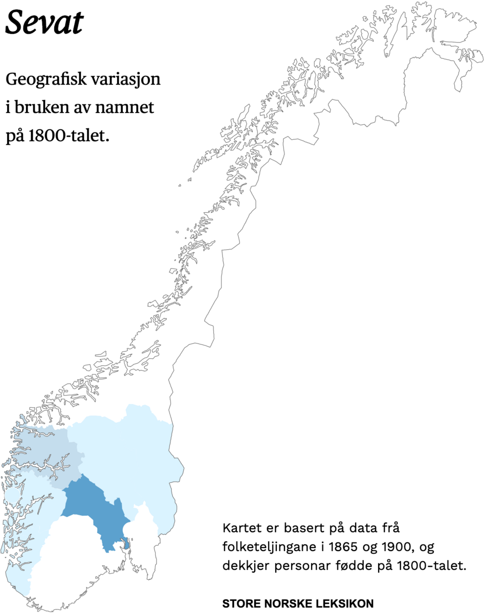 Geografisk variasjon i bruk av namnet Sevat på 1800-talet.