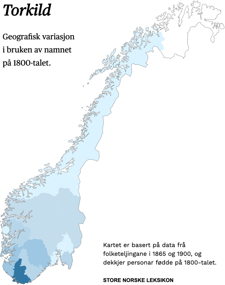 Geografisk variasjon i bruk av namnet Torkild på 1800-talet.