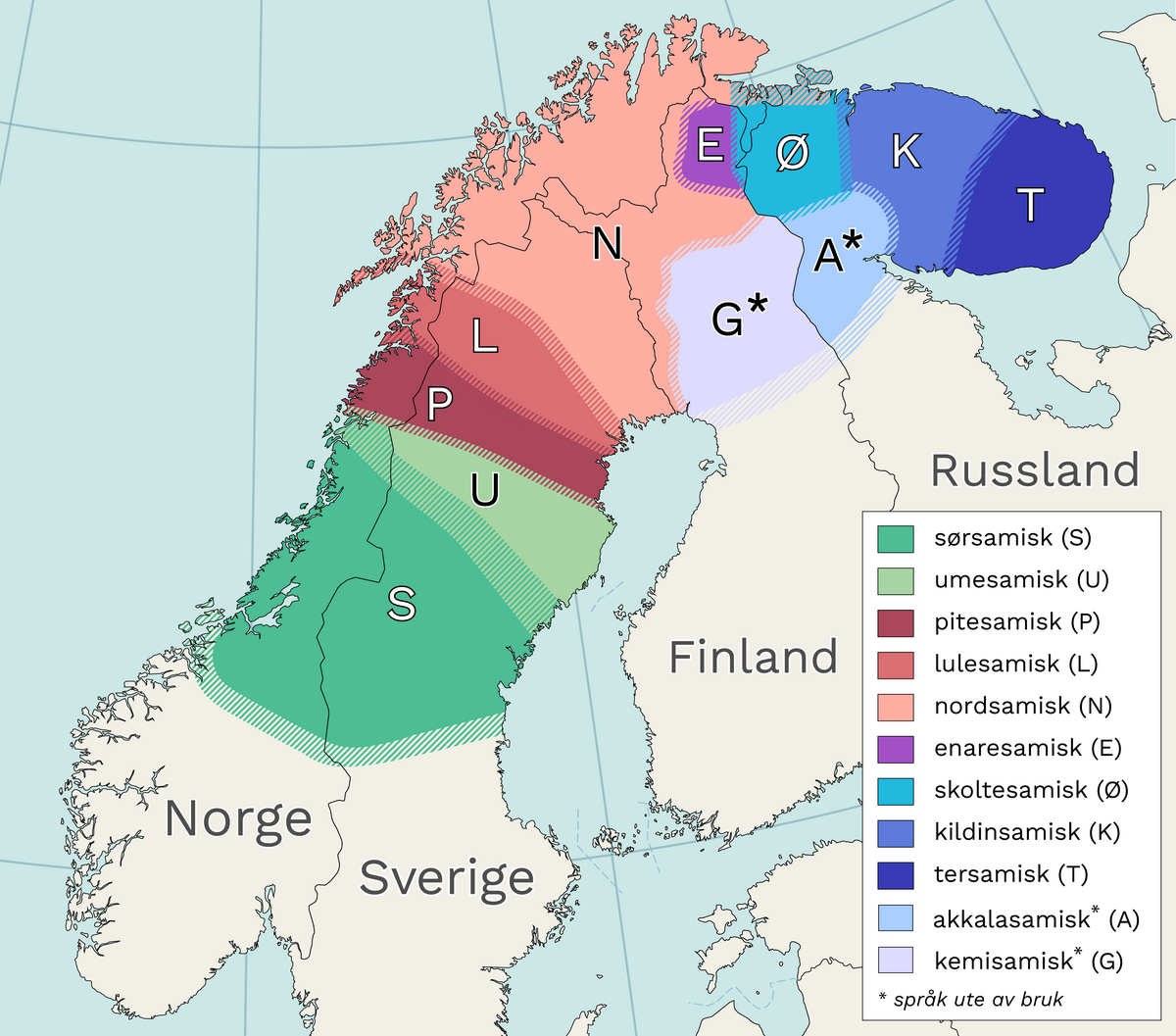 Kart over Norge, Sverige, Finland og deler av Russland med språkområder for 11 samiske språk i ulike farger.