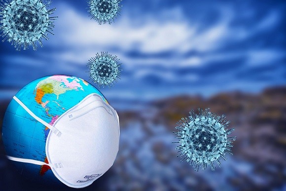 Sars-COV-2 virus and globe with mask