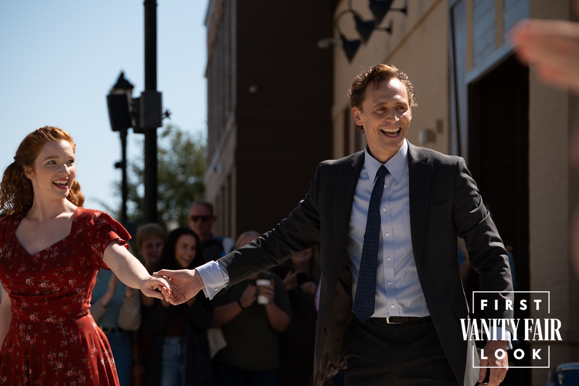 Image may contain Tom Hiddleston Annalise Basso Blazer Clothing Coat Jacket Formal Wear Accessories and Tie