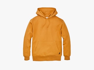 Orange pullover hoodie with large front pocket and long sleeves