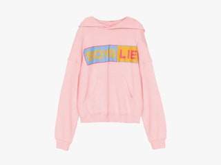 Pink longsleeve hoodie with the phrase boys lie on the front