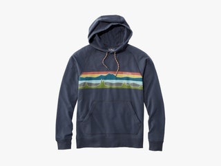 Blue longsleeve hoodie with colorful stripes across the chest