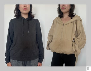 Two photos of a the same person wearing two different longsleeve hoodies