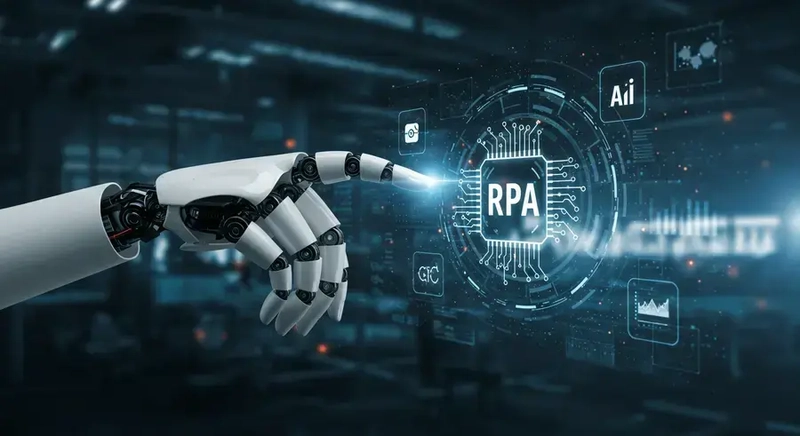 A futuristic robot hand interacting with a digital interface, with data streams and AI symbols flowing around it, representing the evolution of RPA to intelligent automation. The background is a blend of corporate blue and digital lines.