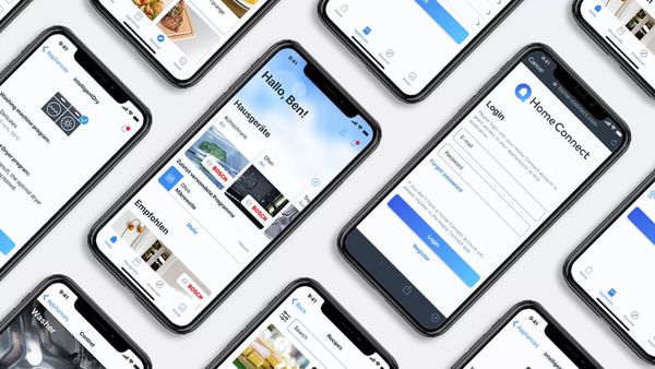 Plusieurs smartphones avec des extraits de l'application Home Connect