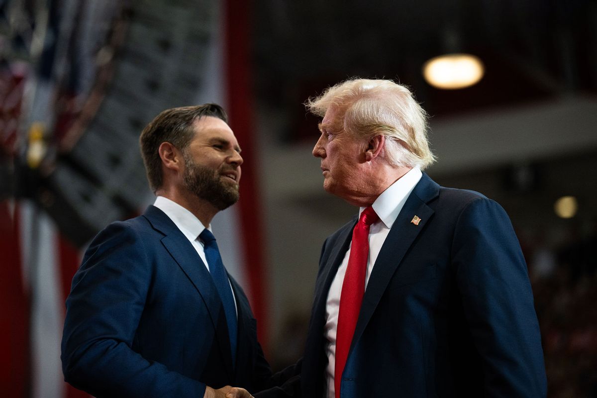 Republican vice presidential nominee U.S. Sen. J.D. Vance (R-OH) introduces U.S. Republican Presidential nominee former President Donald Trump during a rally at Herb Brooks National Hockey Center on July 27, 2024 in St Cloud, Minnesota. (Stephen Maturen/Getty Images)