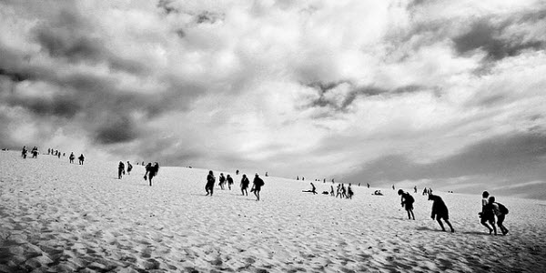 black and
		 white photo of people walking in the Sinai desert