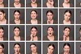 A woman displaying a range of facial expressions, showcasing emotions from joy to surprise and contemplation.