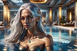 A gorgeous woman with long, silver hair. She stands in a hotel swimming pool. The lighting is dynamic.