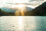 Sun shining from behind a mountain in the background with densely packed trees in the middleground and a lake in the foreground