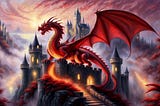 A red dragon towering over a castle