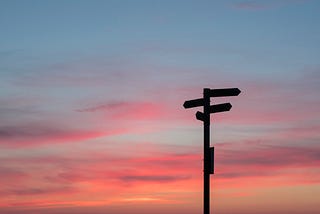 Direction signs in front of a sunrise sky.