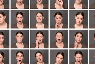 A woman displaying a range of facial expressions, showcasing emotions from joy to surprise and contemplation.