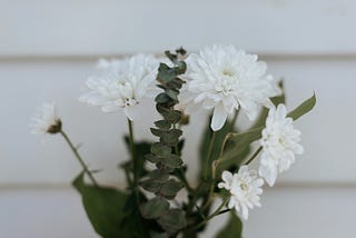 white flowers and eucalyptus in a vase