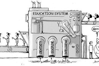 Illustration showing modern day education system as a conveyer belt.