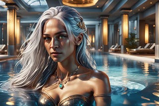 A gorgeous woman with long, silver hair. She stands in a hotel swimming pool. The lighting is dynamic.