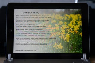 Rhyming poetry titled “Living on in you”.  Yellow buttercups in the photo screen displayed with the poem.