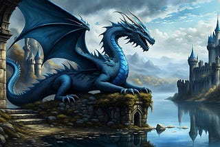 A mighty blue dragon sitting on some castle-like structure, overlooking the water.