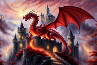 A red dragon towering over a castle