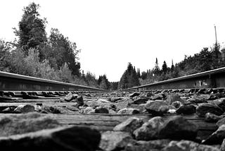 A railroad track is seen from a low perspective