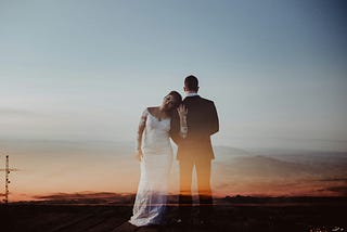 bride and groom off into the future — spirits fading away.