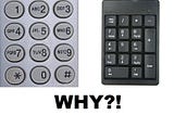 A comparison of a traditional phone keypad with multiple letters per button and a modern numeric keypad.