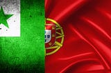 Half of the Esperanto flag on the left with half the Portuguese flag on the right.