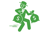 Green graphic of man stealing bags of money