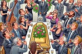 a cartoon of funeral goers drinking shots of tequila around a coffin.