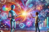 A vibrant depiction of a humanoid robot interacting with a human in a futuristic setting. The scene captures a creative discussion between the robot and a young person, surrounded by digital screens displaying AI-generated art, scientific data, and educational tools. The room is illuminated with colorful lights and advanced technology, symbolizing the harmonious collaboration between humans and AI. This image reflects AI’s role in enhancing creativity and knowledge across various fields.