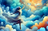 a woman reaching for the clouds, with pretty birds