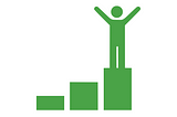 two dimensional green graphic depicting man standing on the tallest of 3 steps