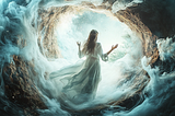 A woman dressed in flowing white, standing at the edge of a dreamlike tunnel formed by clouds and light. Her arms are open in a gesture of surrender, as if embracing the stillness and vastness ahead. This image mirrors the poem’s message of letting go and connecting with the rhythm of the earth, waiting for something vast and whole.