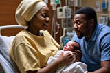 A woman and her husband with their newborn baby boy.