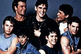 promotional movie poster with actors posed in jeans and t shirts. featured are Emilio Estevez, Patrick Swayze, Ralph Macchio, C Thomas Howell, Matt Dillon, Rob Lowe, and Tom Cruise