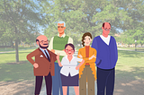 The image shows an animated group of five people standing outdoors in a park-like setting. The background features large trees with green foliage and a grassy area. The group consists of two women and three men, all wearing casual or semi-formal attire, with a mix of hairstyles and glasses.