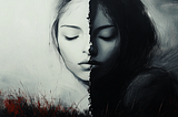 A grayscale painting of a woman’s face split down the middle, with one side in light and the other in shadow. The contrast represents internal conflict, duality, and emotional struggle, reflecting themes of silence, self-discovery, and empowerment.