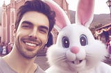 A man and the Easter Bunny in front of a church.