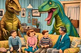 a retro sitcom family with two t-rexes